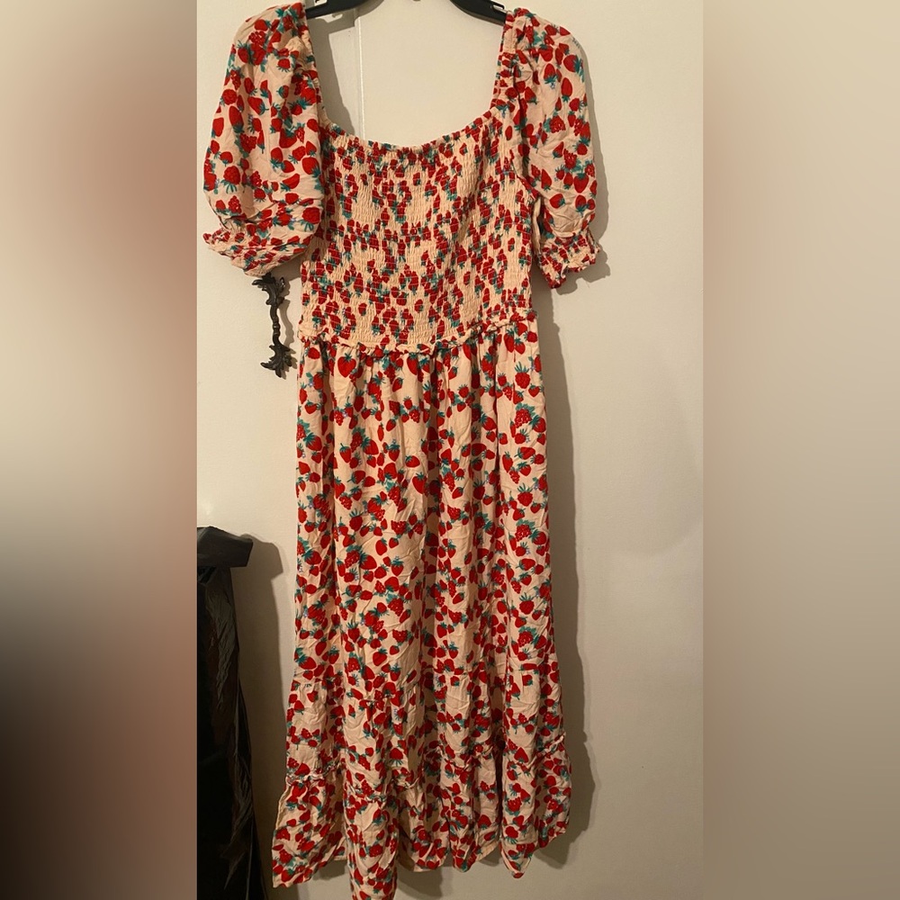 Cream Maxi Dress with Strawberry Print and Puff Sleeves